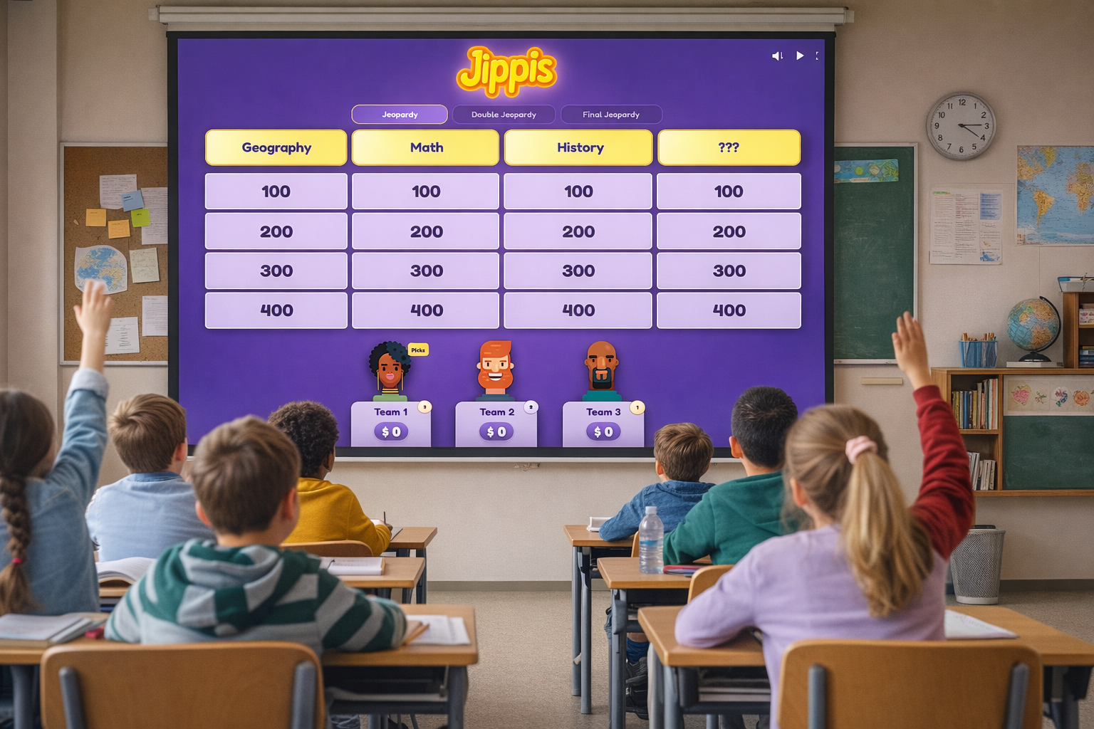 Classroom Jeopardy with Jippis Students playing a Jeopardy quiz game together in the classroom using Jippis